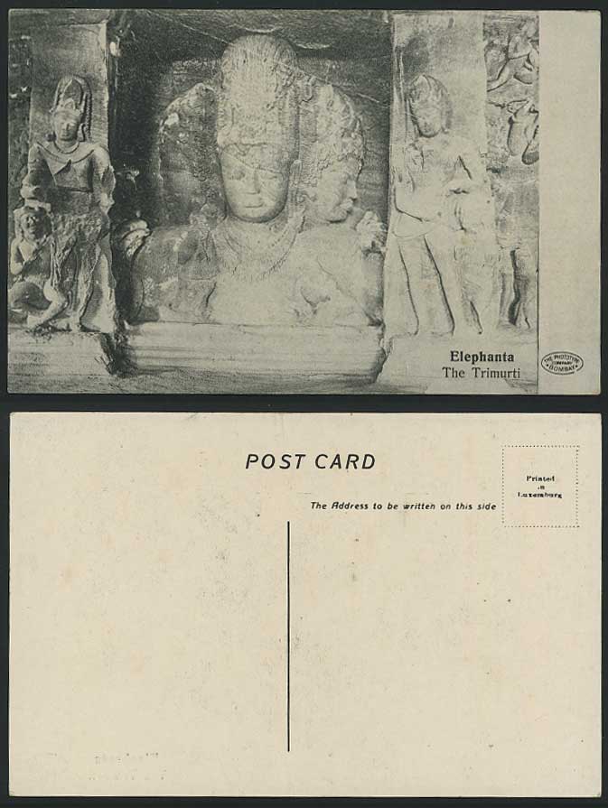 India Old Postcard ELEPHANTA CAVE, THE TRIMURTI Buddha Heads Sculpture Carvings