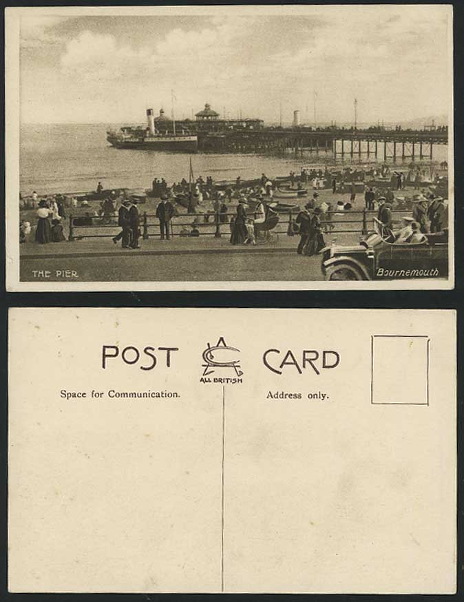 Bournemouth Old Postcard The Pier Steamer & Vintage Car