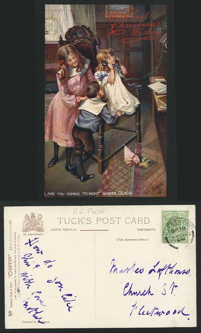 Telephone Santa Claus, Tuck's Oilette 1906 Old Postcard