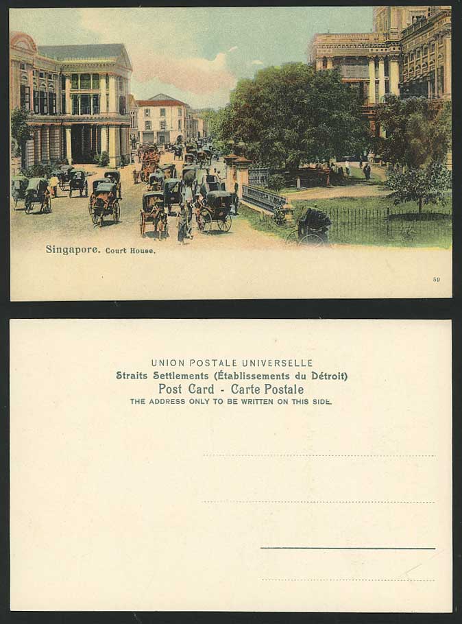Singapore Old Postcard Court House, Law Courts of Justice, Street Scene Rickshaw