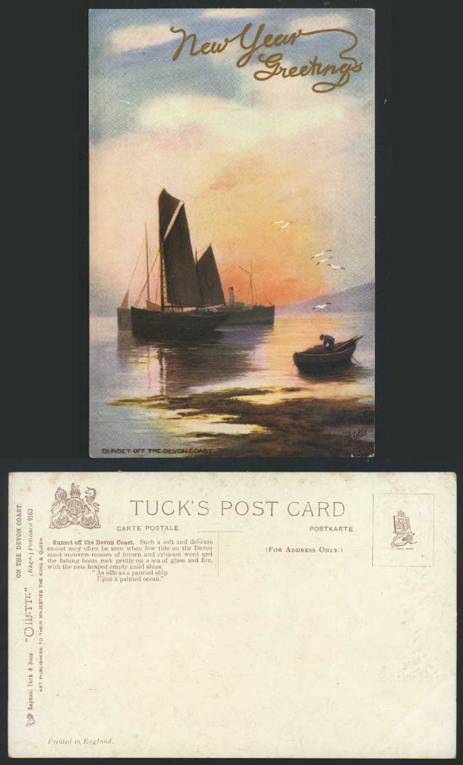 Devon Coast, Sunset & Boats Old Tuck's Oilette Postcard