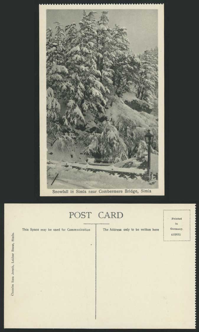 India Old Postcard Snowfall Simla nr. Combermere Bridge