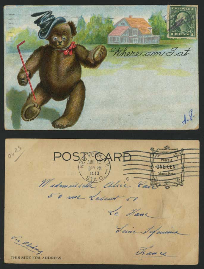 Teddy Bear, Novelty Embossed USA 1913 Old U.B. Postcard