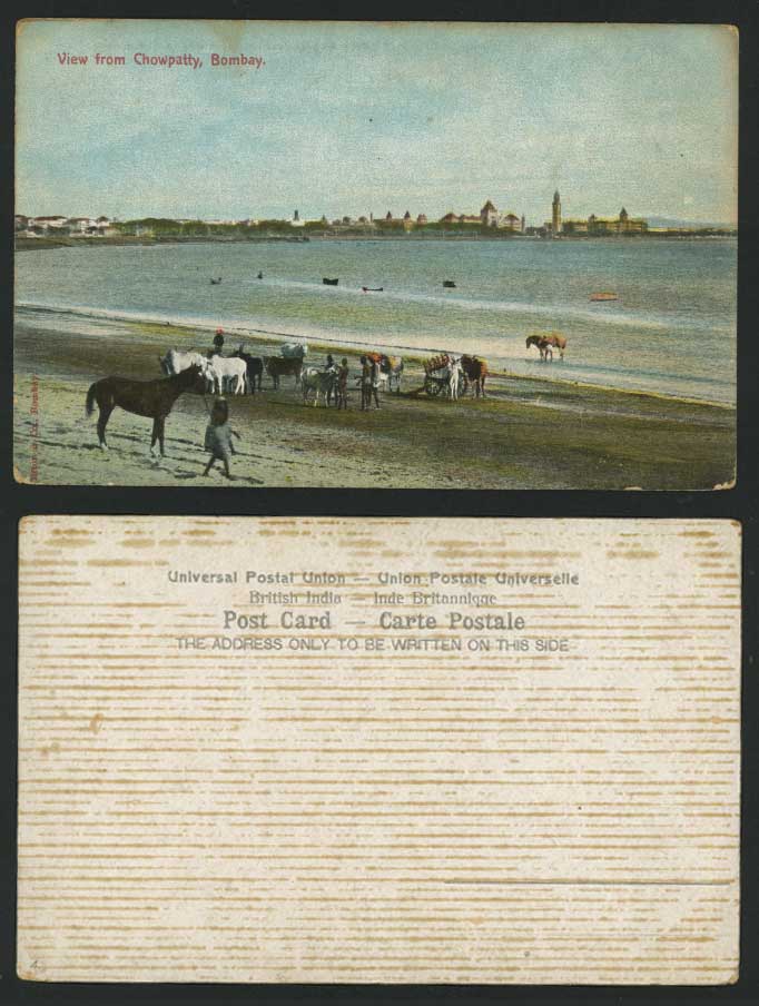 India Old Colour Postcard Horses Cattle Cart, Chowpatty Bombay Panorama