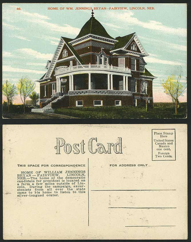Home of Wm Jennings Bryan Fairview Lincoln Old Postcard