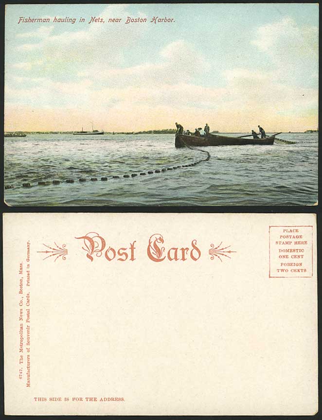 US Old Postcard Fisherman Hauling in Nets BOSTON Harbor