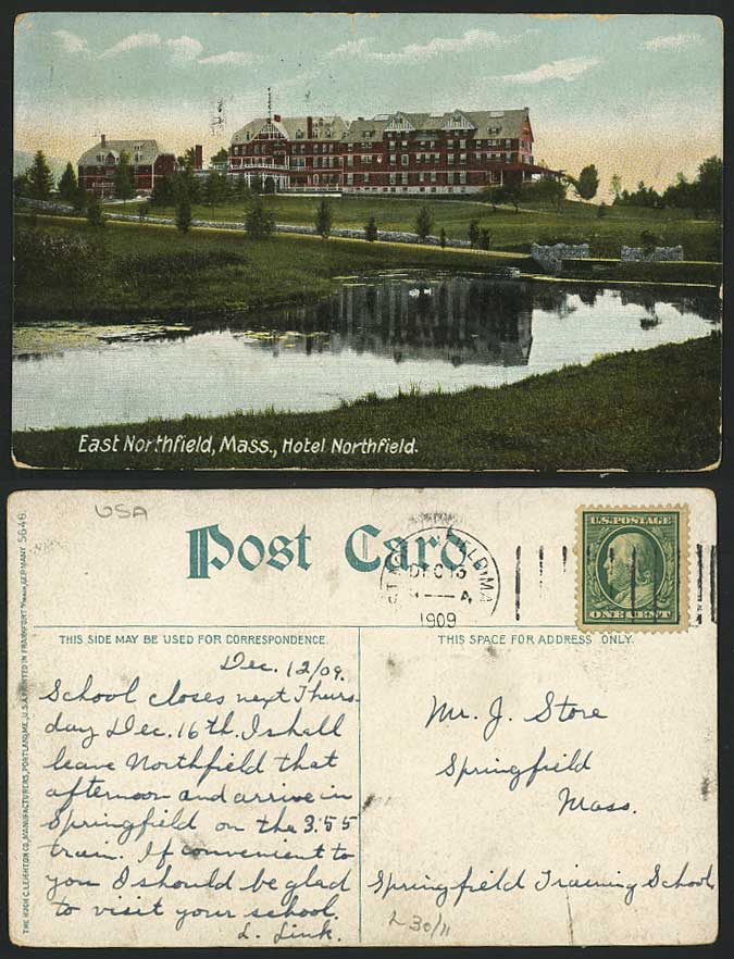 Massachusetts - East Northfield Hotel 1909 Old Postcard