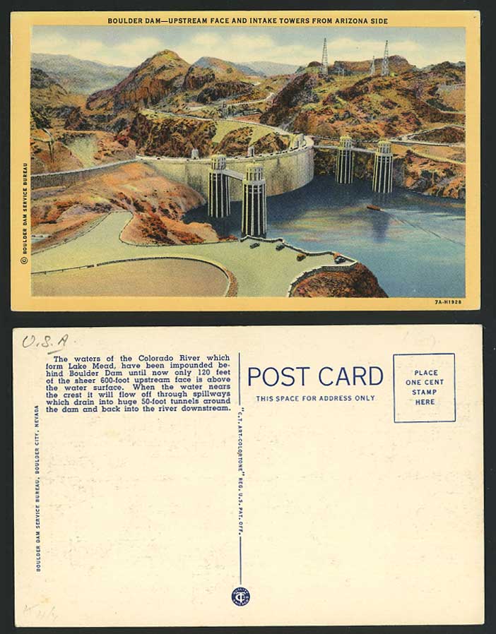 BOULDER DAM Upstream Face & Towers Old Postcard Arizona