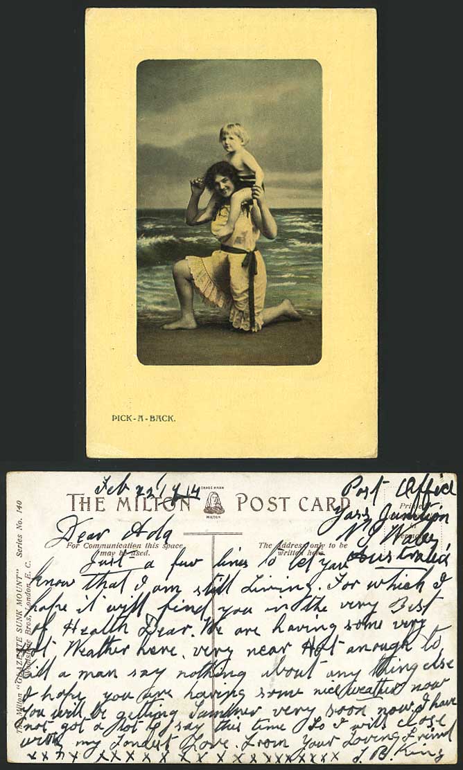 PICK-A-BACK Woman Carry Girl or Boy, Beach Old Postcard