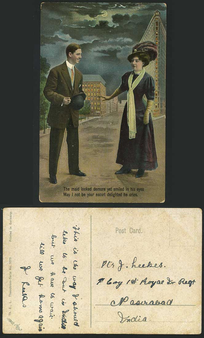 The Maid looked Demure Romance Street Moon Old Postcard