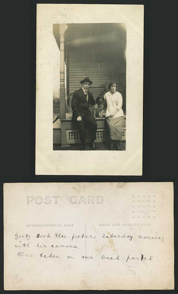 Dog Bicycle Man & Woman at Back Porch Old R.P. Postcard