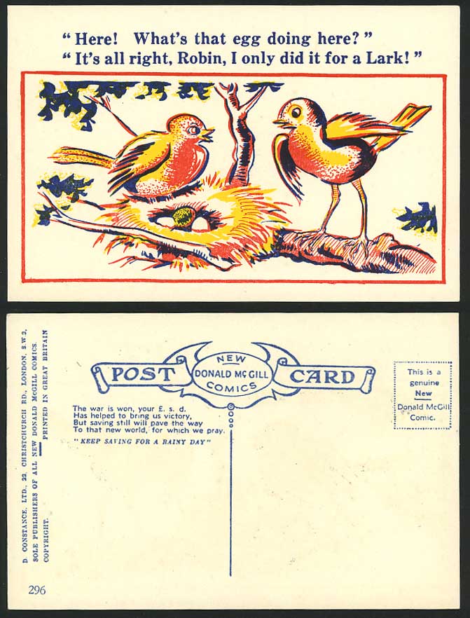 Donald McGill Old Postcard Robin Birds Lark Nest & Eggs