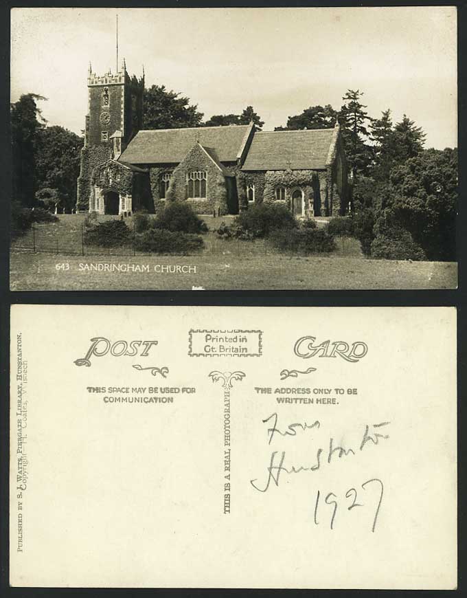 SANDRINGHAM CHURCH & Clock Tower 1927 Old R.P. Postcard