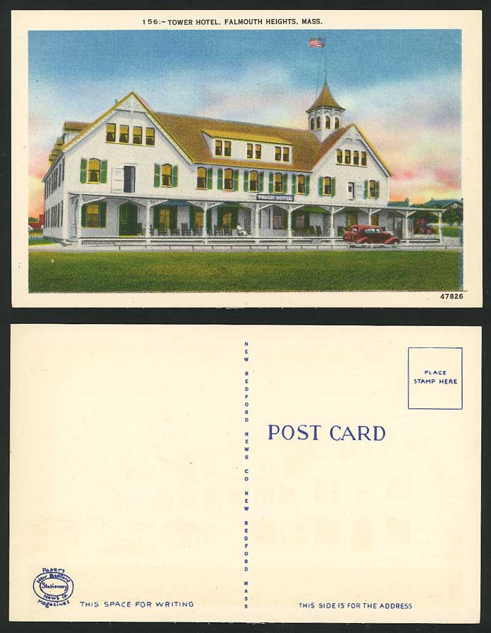 USA Old Postcard TOWER HOTEL Falmouth Heights Mass. Car