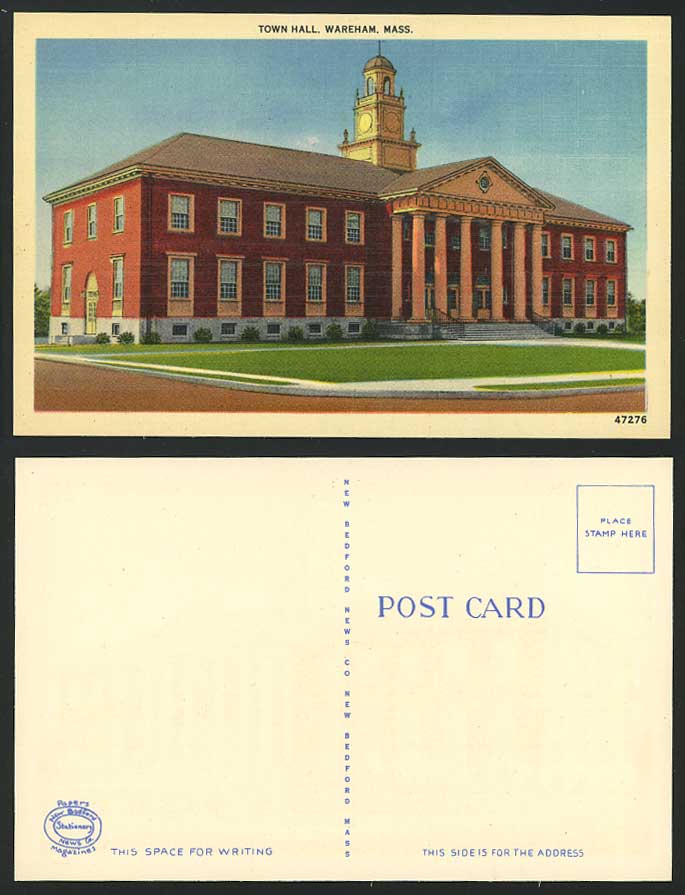 USA Old Postcard TOWN HALL, WAREHAM Massachusetts Mass.