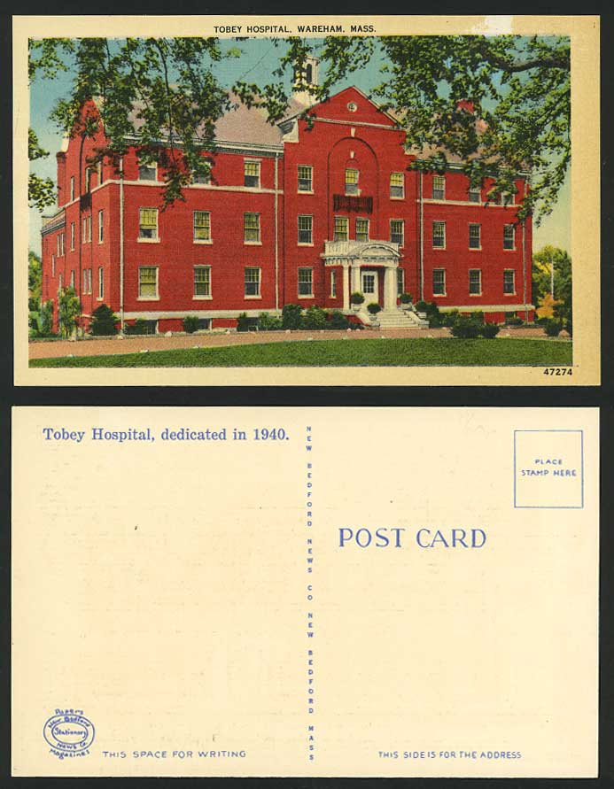 USA Old Postcard TOBEY HOSPITAL, WAREHAM, Massachusetts