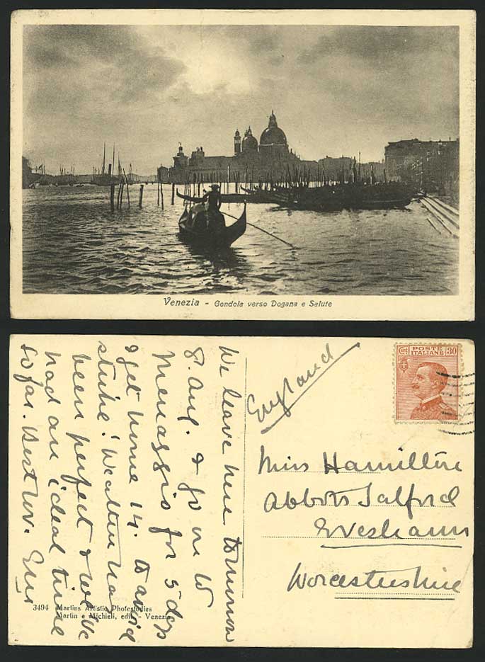 Venezia Old Postcard Gondola verso Dogana e Salute Boat for Sale