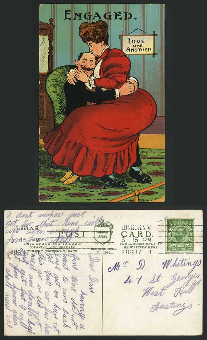 Engaged Love One Another Man Fat Lady 1911 Old Postcard