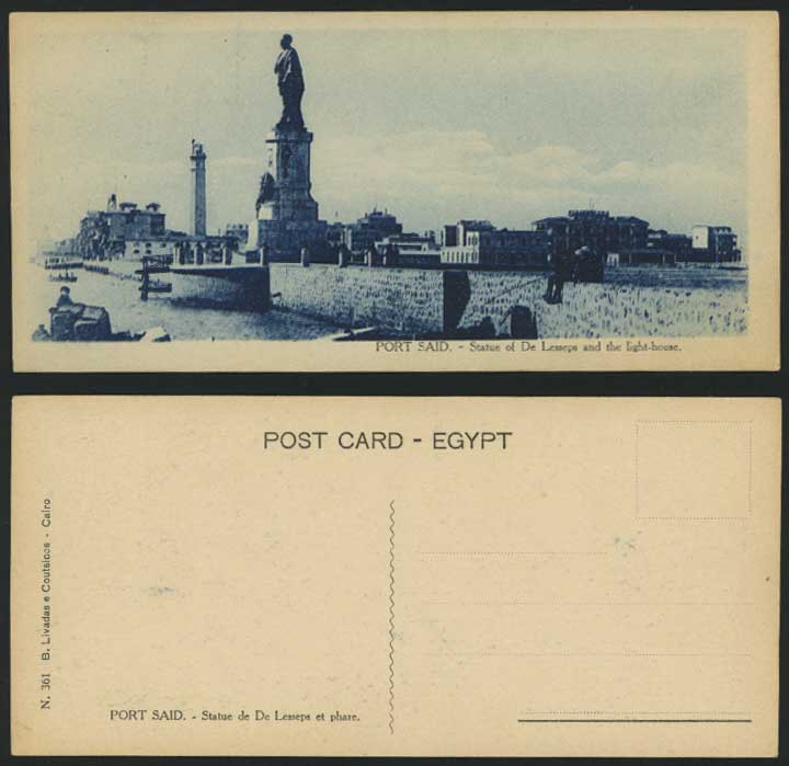 Egypt Old Postcard Port Said Lesseps Statue, Lighthouse