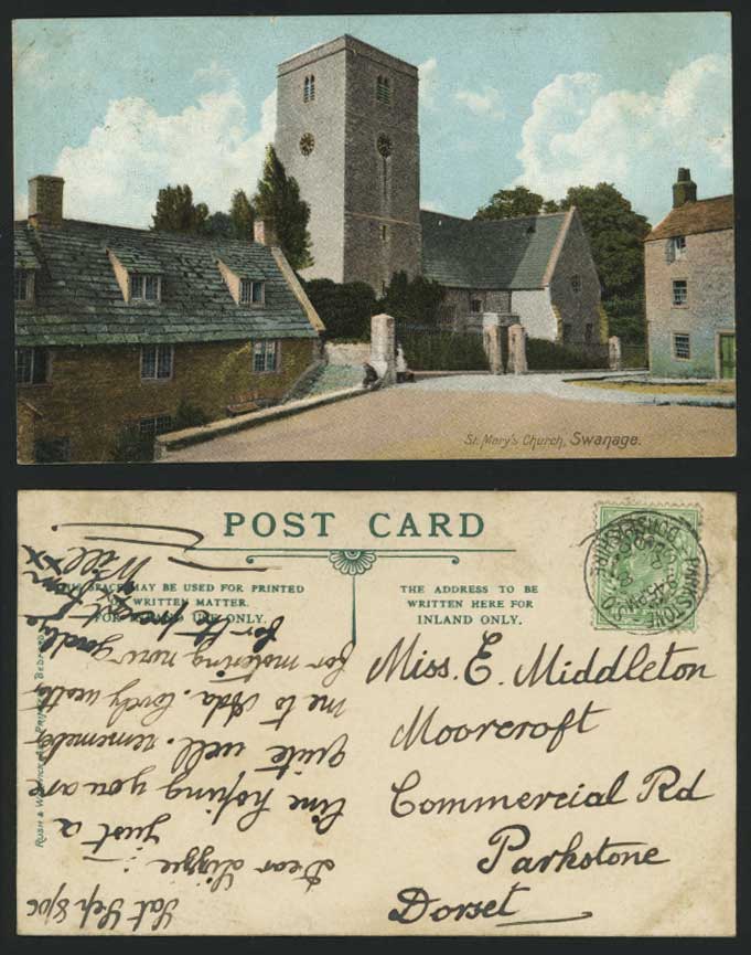 Swanage 1906 Old Postcard St. Mary's Church Clock Tower