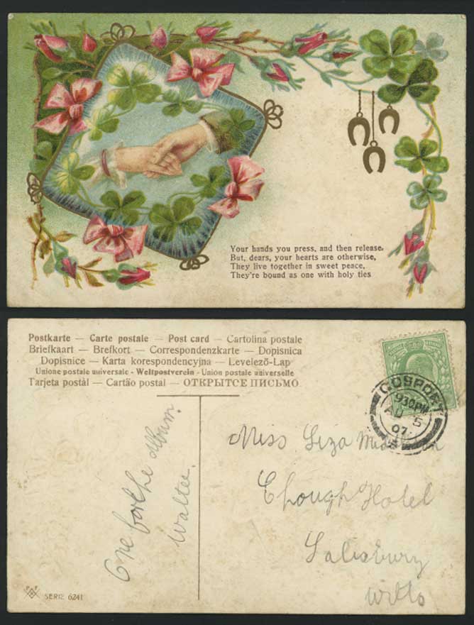 Your Hands U Press Horseshoe Embossed 1907 Old Postcard