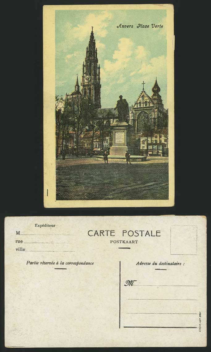 Anvers Antwerpen Place Verte Statue Street Old Postcard