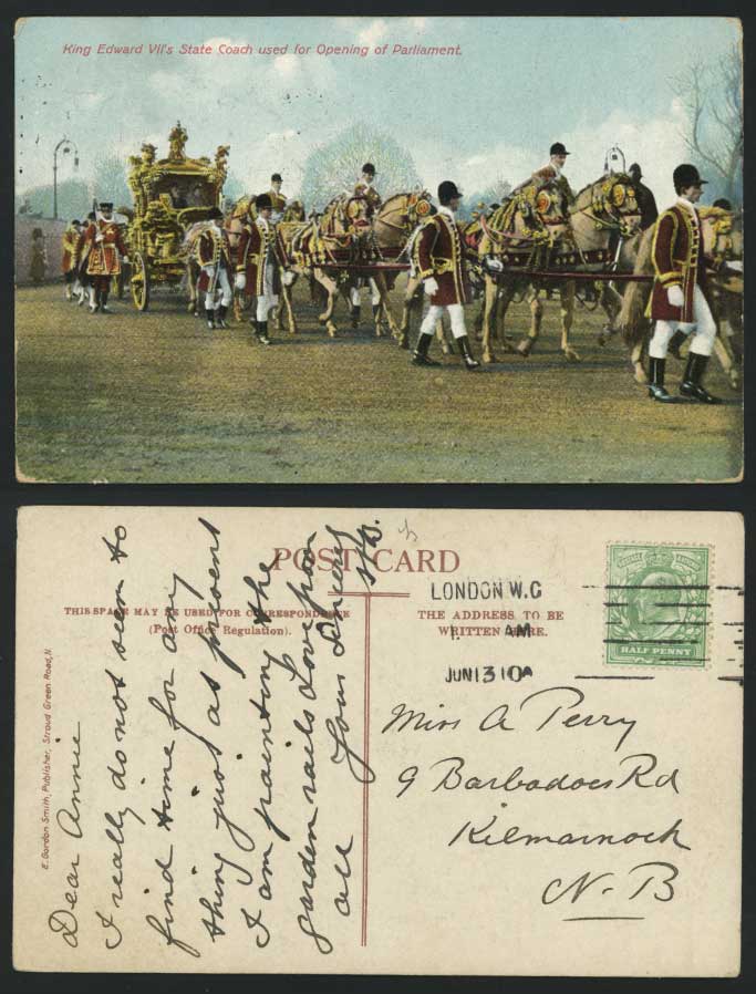 King Edward State Coach Opening Parliament Old Postcard