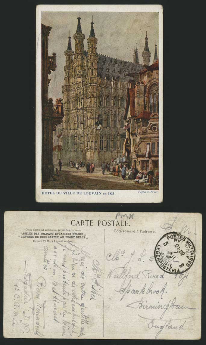 LOUVAIN 1917 Old Art Drawn Postcard Hotel de Ville 1833