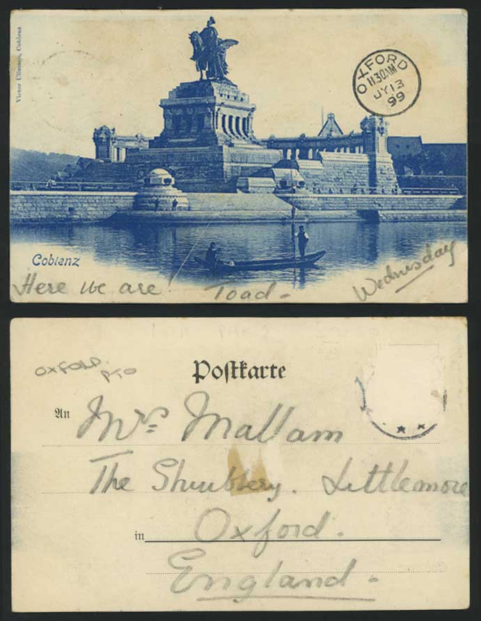 KOBLENZ Coblenz 1899 Old Postcard River Statue Boating