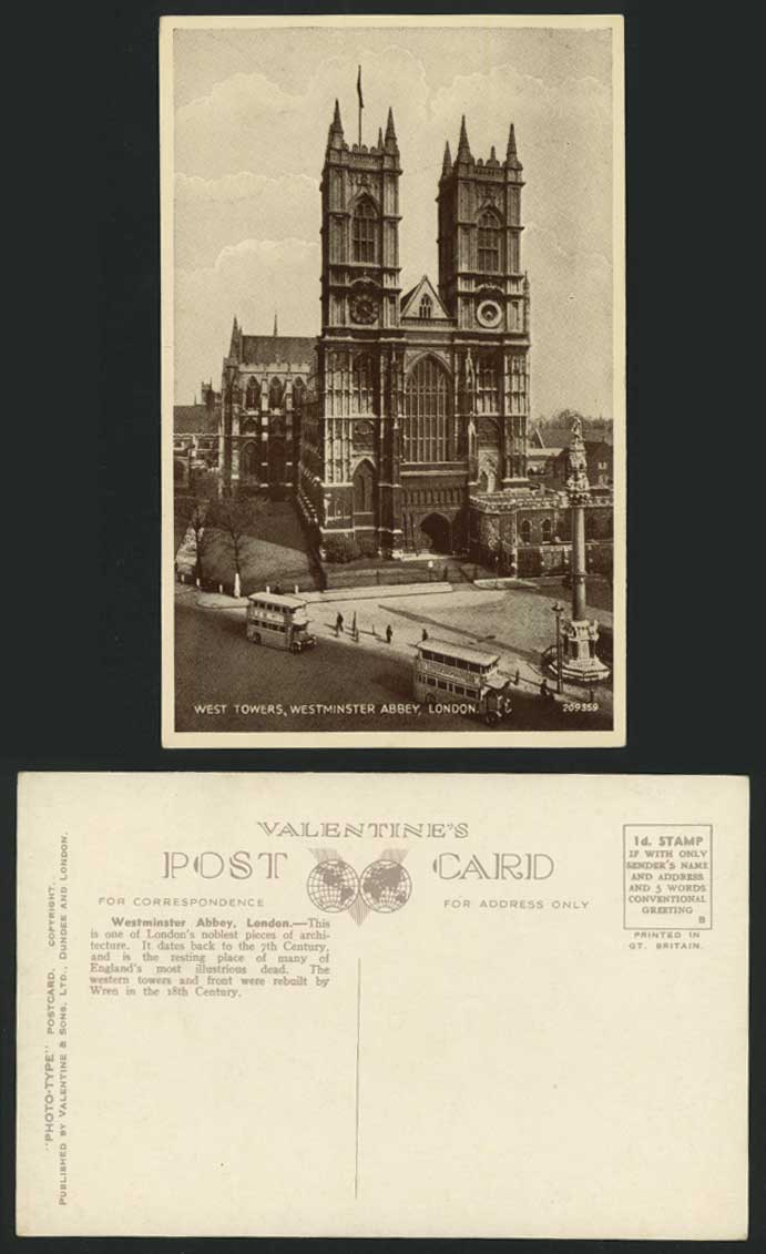 London Old Postcard WESTMINSTER ABBEY West Towers Buses Street Scene