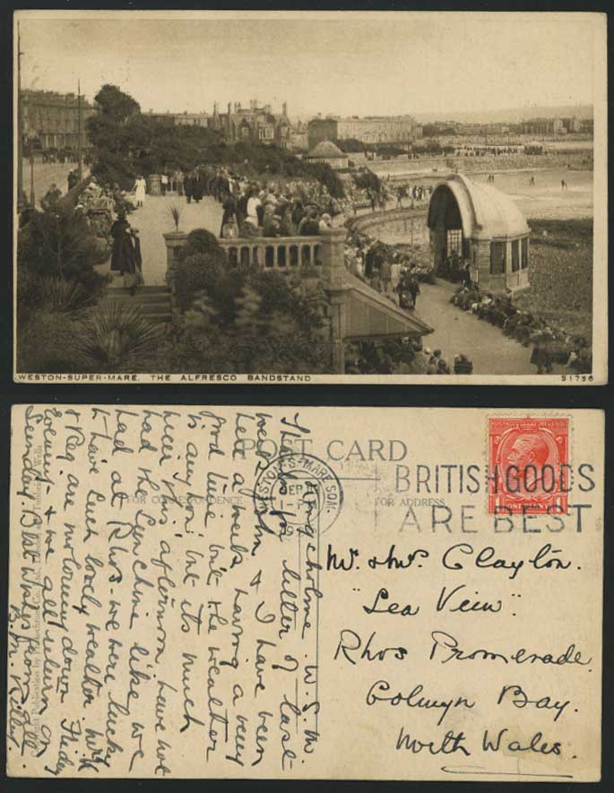 Weston-Super-Mare, Alfresco Bandstand 1926 Old Postcard