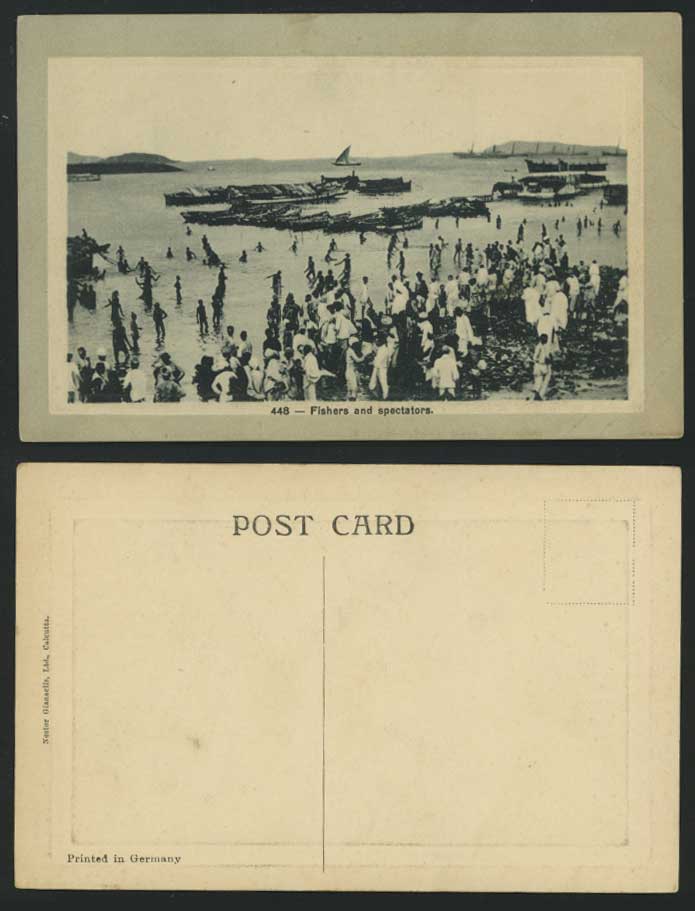 India Old Embossed Postcard Fishers and Spectators Fishing Boats Fishery Harbour