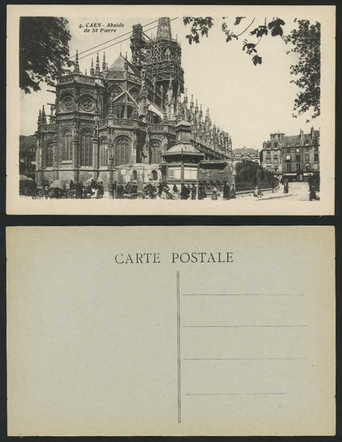 CAEN Old Postcard Abside de St. Pierre, Church & Street