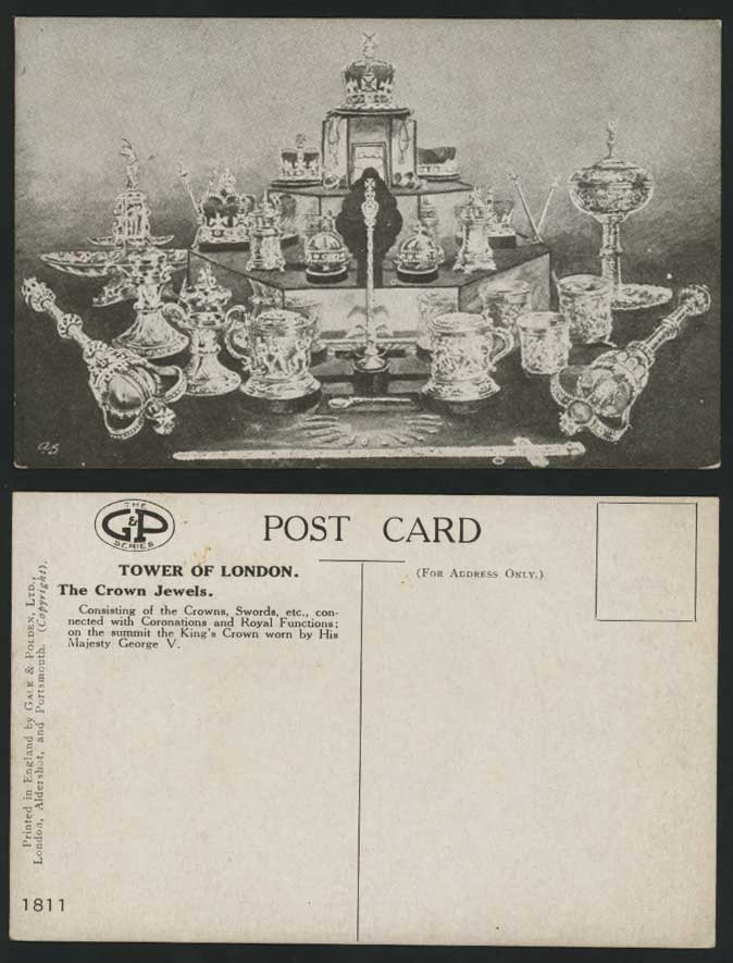 TOWER OF LONDON Crown Jewels, Swords, KGV. Old Postcard