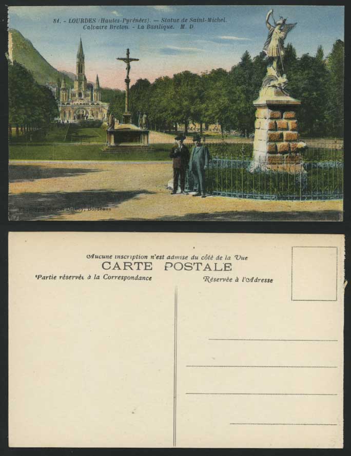 LOURDES Old Postcard Statue St. Michel Calvaire Breton