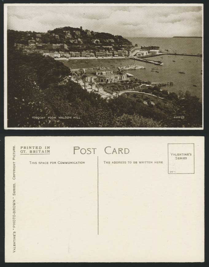 Torquay Harbour from Waldon Hill, Boats Old Postcard