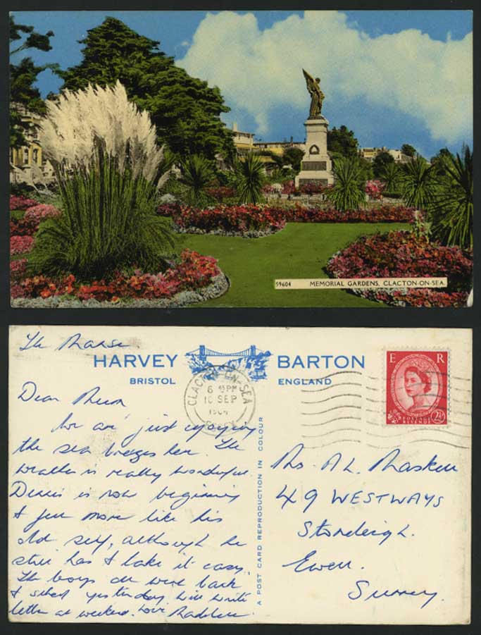 Clacton-on-Sea Essex 1964 Old Postcard Memorial Gardens