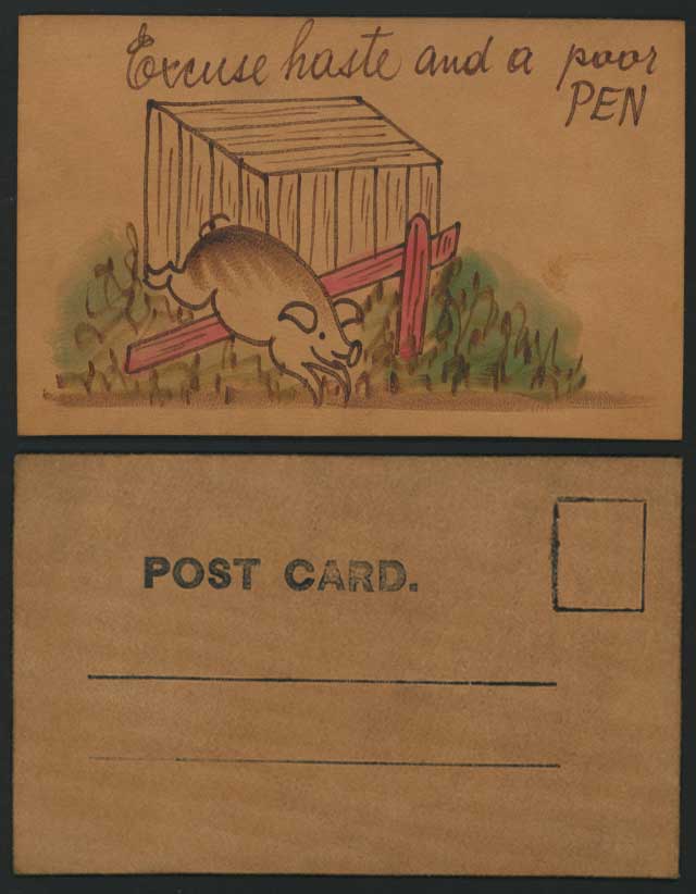 Novelty Old Leather Postcard PIG Excuse Haste, Poor PEN
