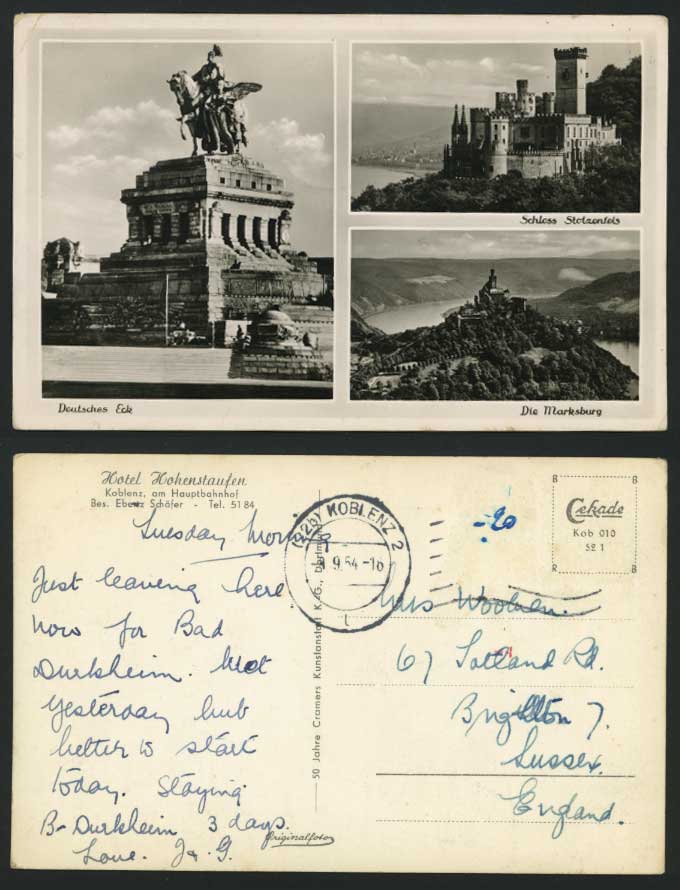 Schloss Stolzenfels Die Marksburg Eck 1954 Old Postcard