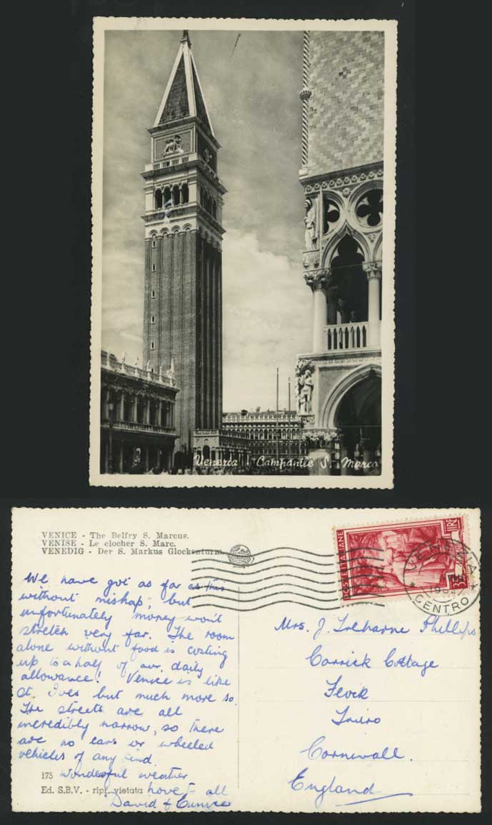 Venice 1952 Postcard Belfrey Marcus, Campanile S. Marco for Sale