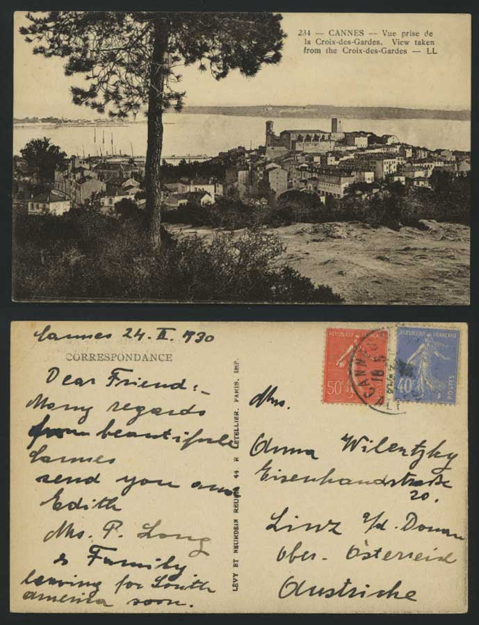 CANNES 1930 Old Postcard View from Croix-des-Gardes L L