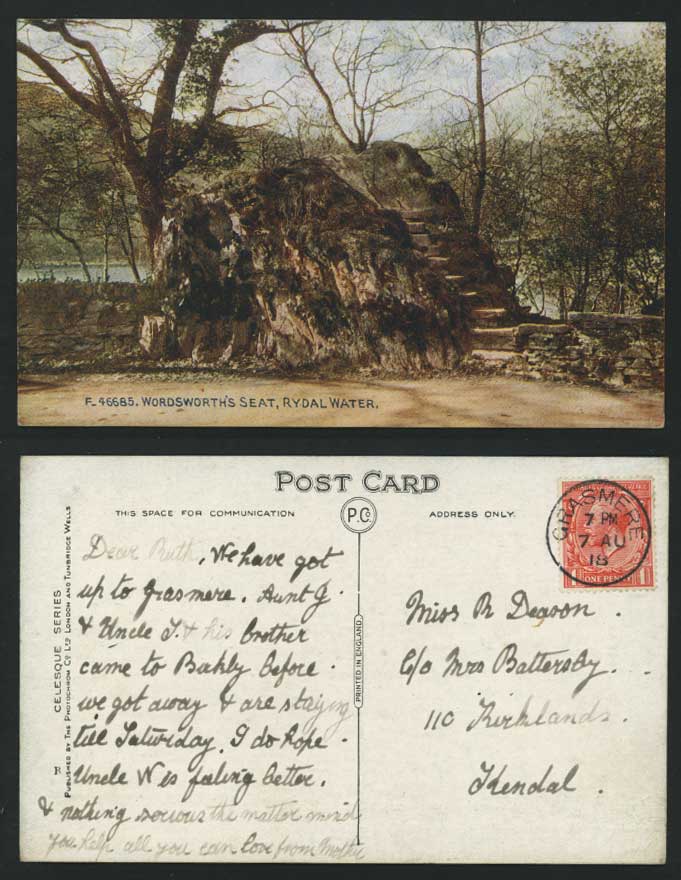 Rydal Water - Wordsworth's Seat, Lake 1918 Old Postcard