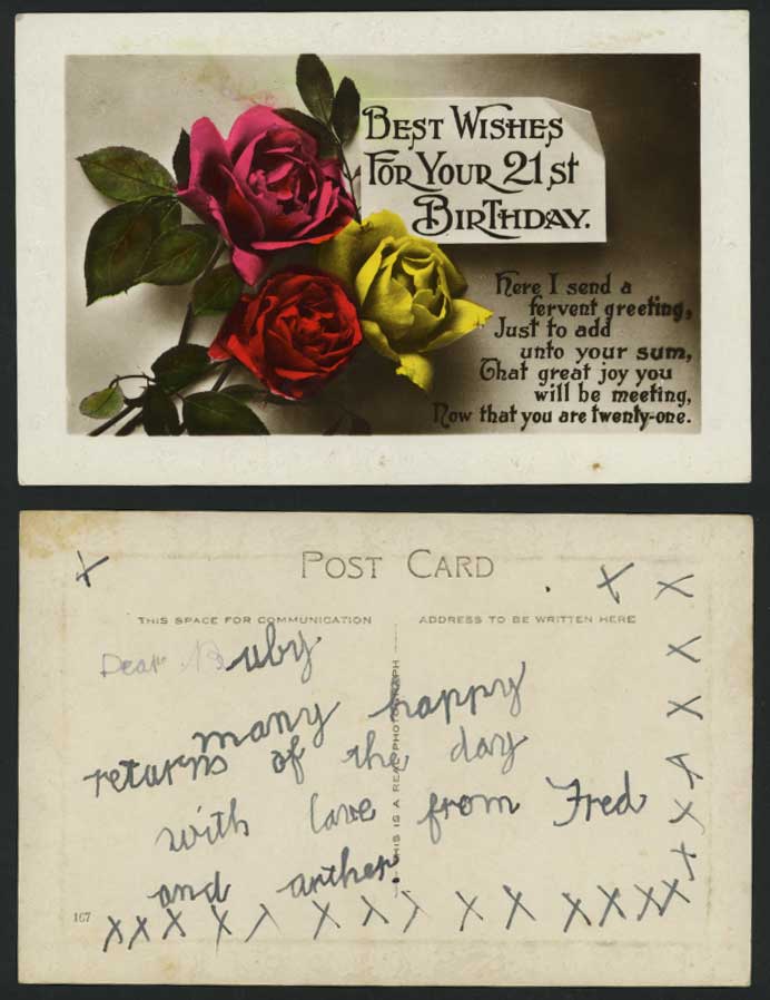 Best Wishes For Your 21st Birthday - Old Postcard Roses