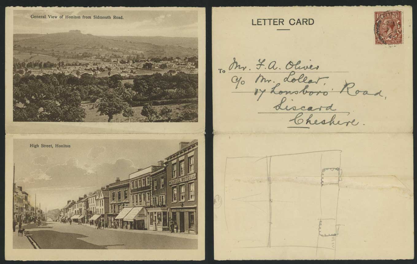 HONITON from Sidmouth Road, High Street 1924 Lettercard