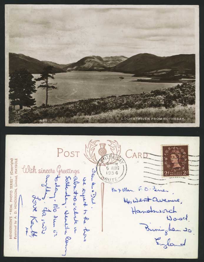 LOCH STRIVEN from ROTHESAY 1954 Old R.P. Postcard Lake