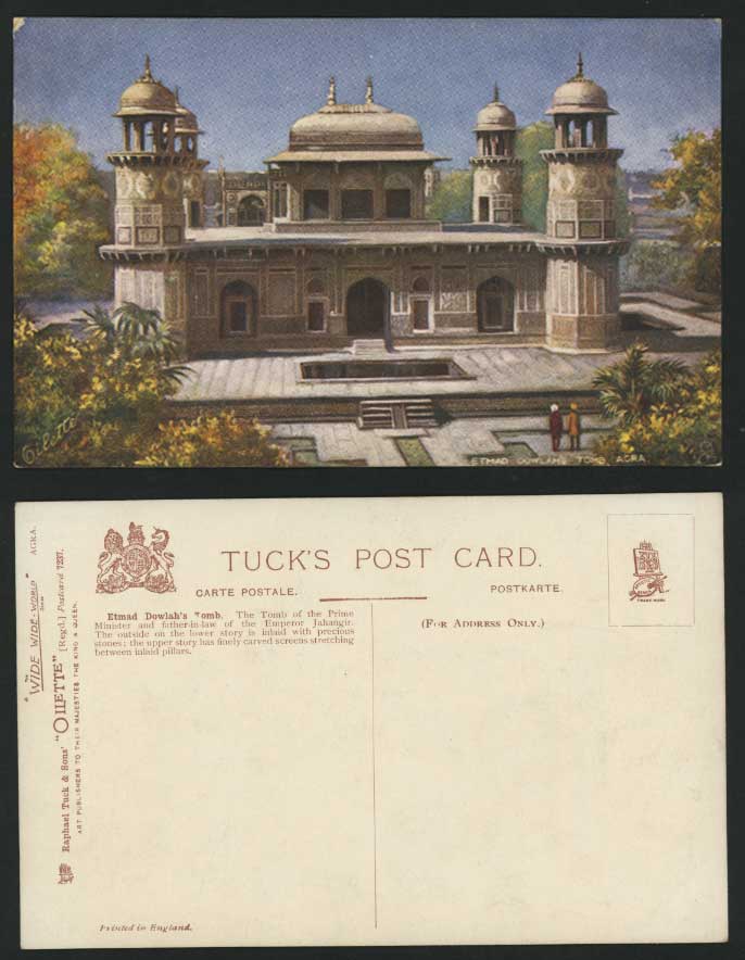 India Old Tuck's Oilette Postcard Etmad Dowlah's Tomb Agra Emperor Jahangir