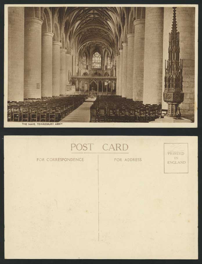 TEWKESBURY ABBEY Interior - THE NAVE Old Postcard Glos.