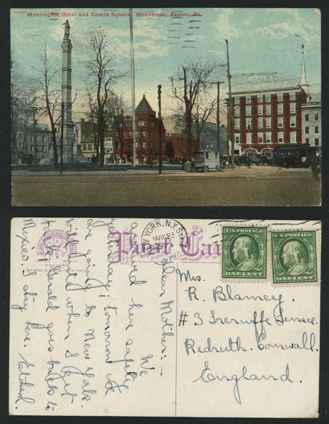 Easton Huntington Hotel Centre Square 1912 Old Postcard