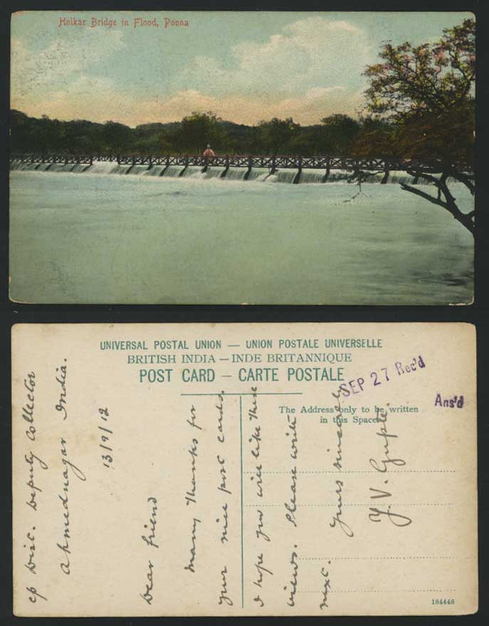 India 1912 Old Colour Postcard HOLKAR BRIDGE in FLOOD - POONA Pune