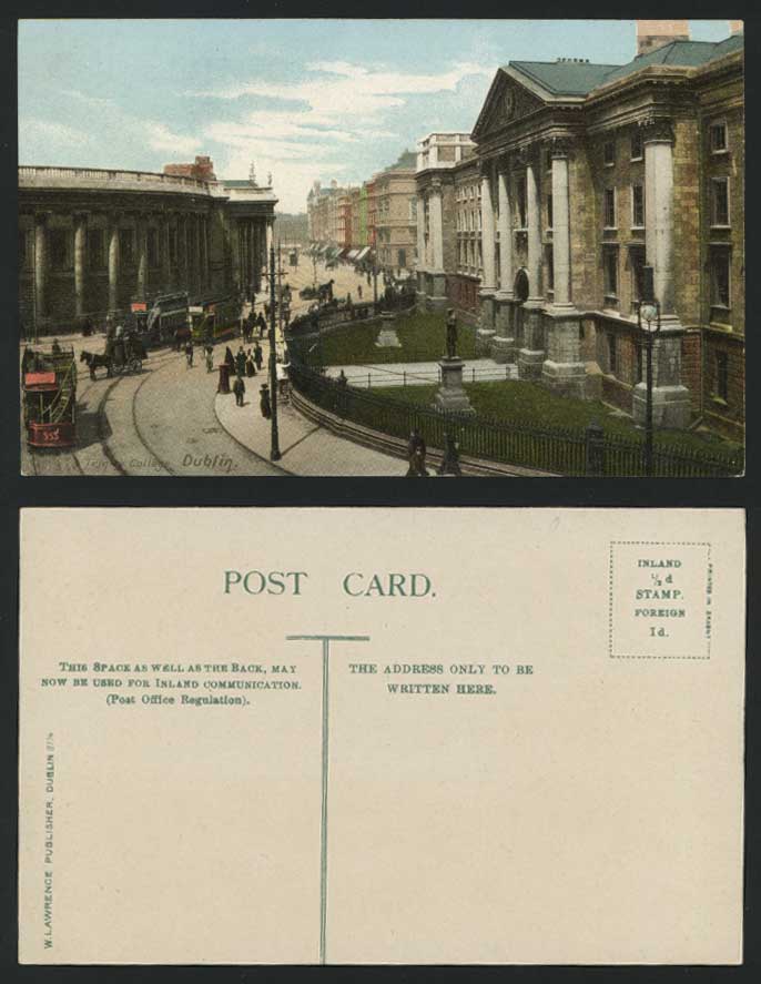 Ireland Co. Dublin Old Postcard TRINITY COLLEGE Street Scene TRAM Tramway Carts